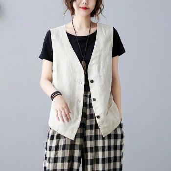 Veste d'extérieur en coton et lin pour femme, gilet ample, style vintage, col en v, été 2022