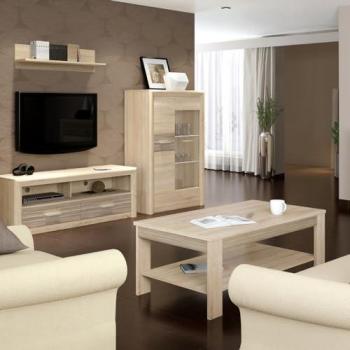 Lomadox Wohnwand CORK-131, 4-teilig, Lowboard, Highboard, Couchtisch, Kiefer hell mit Beleuchtung