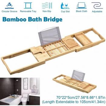 Bamboo Bathtub Tray with Wine Glass and Book Holder