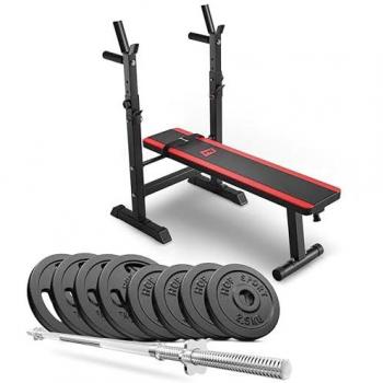 Kit complet musculation pliable Hop‑Sport HS‑1080 : banc + haltères + disques de 39 kg – support barre longue, capacité 270 kg