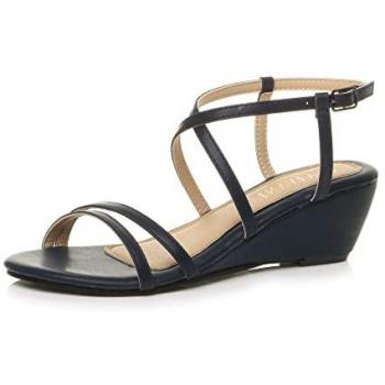 Navy Faux Leather Mid Heel Crossed Straps Wedges