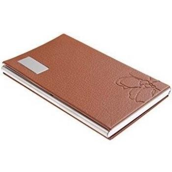 Estuche para tarjetas de acero inoxidable, diseño floral en polipiel, marrón, Mod. 439-04