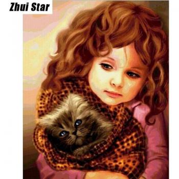 5D Embroidery Diamond Painting: Kitten and Girl