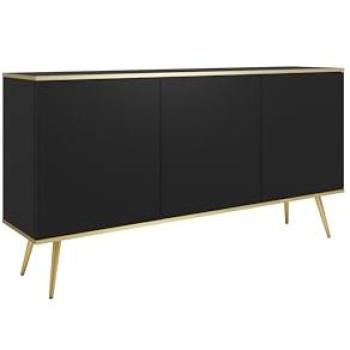 Commode chic noire à pieds métallisés – 3 portes, 160×85×39 cm