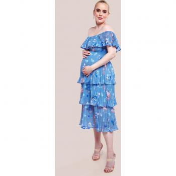 Goddiva Maternity Blue Chiffon Midi Dress with Tiered Design