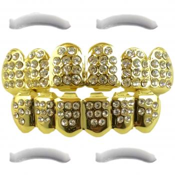 Goldgrillz 14 K Iced Out mit CZ‑Diamanten – Komplettset (oben/unten) plus 2 Zusatzformen