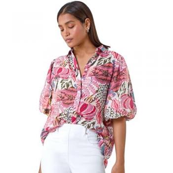 Roman Floral Leaf Print Puff Sleeve Blouse