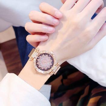 Rhinestone Embellished Ladies' Quartz Watch with Magnetic Closure and Flower Bracelet