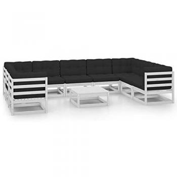 Set de Muebles de Jardín con Cojines Blancos y Madera de Pino 10 Unidades
