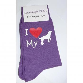 Purple “I Love My Dog” Novelty Socks – Labrador & Pug Mix