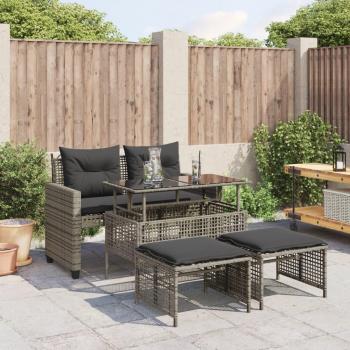 Set Divani da Giardino 4 pz Grigio Polyrattan con Cuscini e Tavolino in Vetro