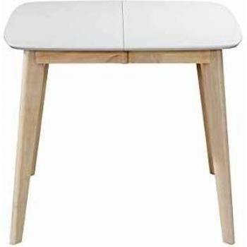 LEENA : table à manger extensible scandinave carrée, blanc et bois, 90‑130 cm