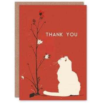 Blooming Thanks: White Cat Red Wildflower Thank You Note