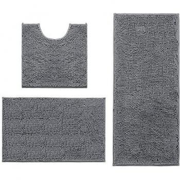 Chenille Bathroom Rug Set, 3 Piece Anti-Slip Mats, Absorbent Bath Mat for Shower and Tub, Machine Washable