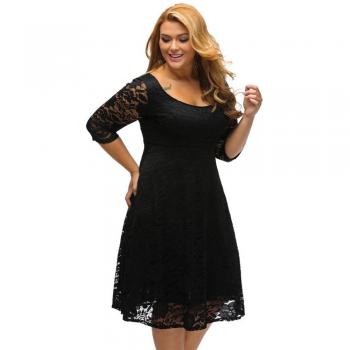 Vestido de Noche de Encaje para Mujer, Talla Grande, Cuello Redondo, XL-3XL, Línea A, Formal, Media Manga