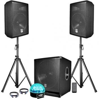 Pack Sono Complet BMS1812 USB-Bluetooth 2400W Sub 18 + 2 Enceintes 12 + Pieds + Câbles + Télécommande + SIXMAGIC