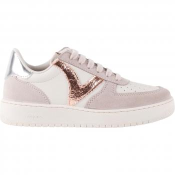Baskets femme Victoria Madrid en serraje et métal, motif cuivré en cuir avec lacets, couleur blanc/rose, taille 36