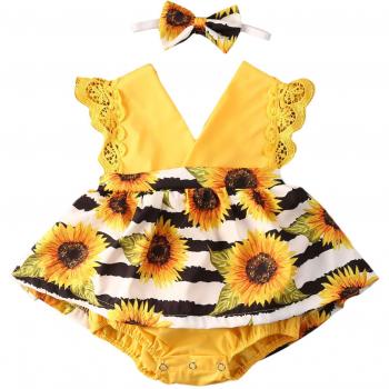 Vestido de Girasoles para Bebé con Diadema y Manga de Encaje 0-24M