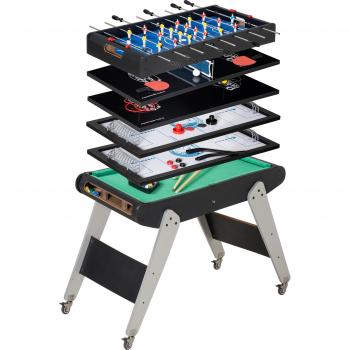 HOMCOM Mesa Multijuegos 6en1 para Niños +7 Años con Billar Futbolín Ping-Pong Anillas Hockey y Ruedas 120x88x79cm Negro Aosom España
