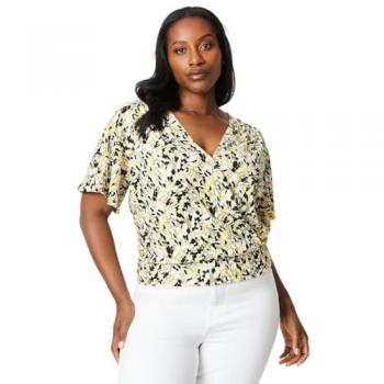 Women’s Curve Khaki Abstract Wrap Flutter Sleeve Top – 24