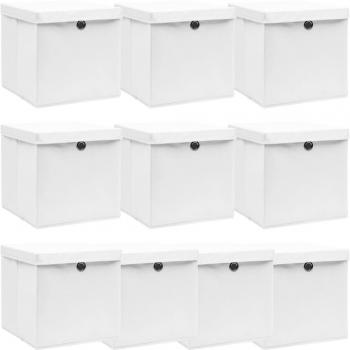 Coffres en Tissu VidaXL – 10 boîtes de rangement à couvercle, blanc 32x32x32 cm
