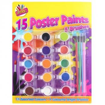 Mini Masterpieces: 15‑Color Poster Paints + 4 Bristle Brushes