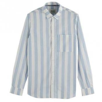 Scotch & Soda Men's Light Blue Striped Long Sleeve Shirt – Regular Fit, S