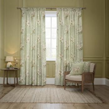 Sanderson Adele Pair of Floral Chenille Pencil Pleat Curtains – Light Green (Size: 229 cm × 183 cm)