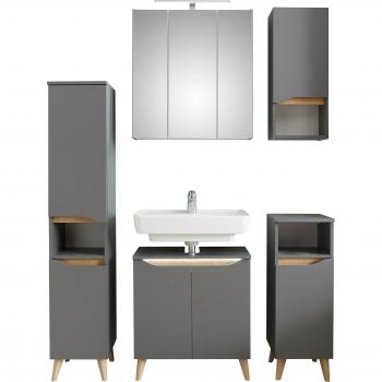 SAPHIR Quickset Waschbeckenunterschrank + LED‑Spiegel – 5‑teiliges Kastenmöbel‑Set (grau)