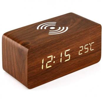 LED-Wecker mit integriertem Qi-Ladepad aus Holz