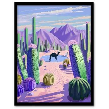 A4 Framed Art: Artery8 Desert Oasis featuring Cacti, Camel, and Purple Greens