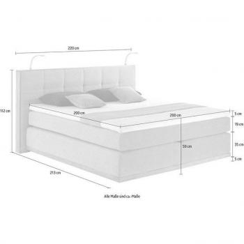 LED‑Bett Vinton: Boxspring aus Eiche, 220 × 213 cm, mit beleuchteter Rahmenoptik
