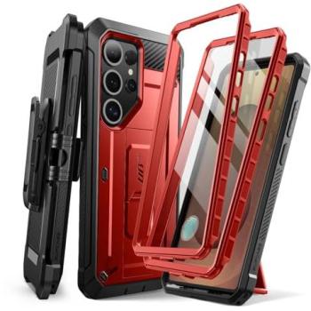 Écran & Corps Samsung S25 Ultra : Coque Intégrale Antichoc avec Béquille Rouge