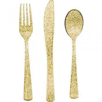 Unique Party Gold Glitter Plastic Cutlery Set for 6 Guests