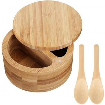 Bamboo Condiment Box with Magnetic Swivel Lids and Mini Spoons
