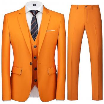 Traje Hombre Negocio Casual Daily Slim Fit One Button Set 3pcs (Blazer, Chaleco, Pantalón) Naranja L