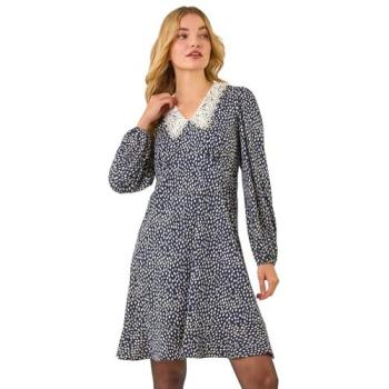 Chic Navy Spot Print Dress, Lace Collar – Size 12
