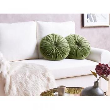 BELIANI Set of 2 Retro Green Velvet Throw Cushions 38 cm