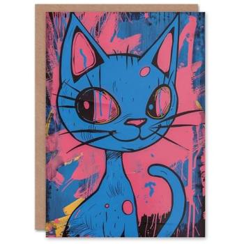 Punk Art Cat Birthday Card – Pink/Blue Hues