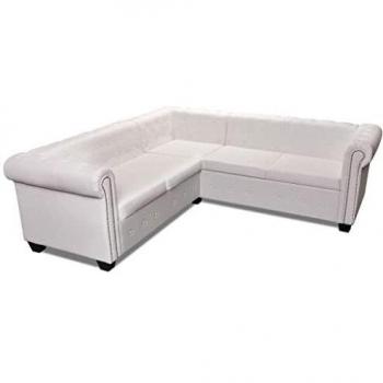 Chesterfield Corner Sofa 5-Seater White Artificial Leather