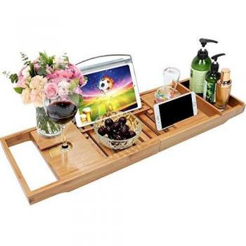 Wine Glass & Tablet Holder Bamboo Bathtub Caddy