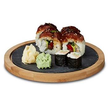Set of 2 Small Rustic Serving Trays, Bamboo and Slate Chopping Boards, Natural/Black