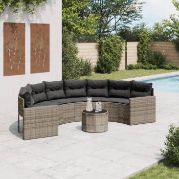 Canapé demi-ronde de jardin gris avec table et coussins en résine tressée