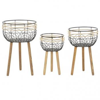 Set di 3 portavasi neri in metallo e legno cm 35x54,5-30x48-25x41,5
