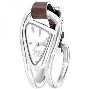 UNO DE 50 Reloj Señora Din Don Acabado Plata Esfera Negra Correa cuero negro