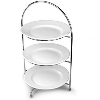 Classic Utopia Chrome 3-Level Cake Stand 43cm with 3 White 23cm Plates – Ideal for Tea Time