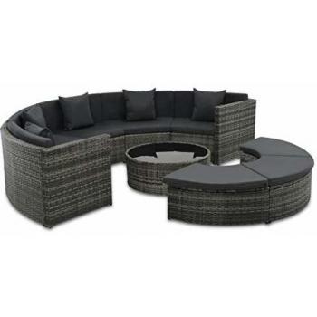7-teiliges Garten-Lounge-Set mit grauen Poly Rattan Auflagen