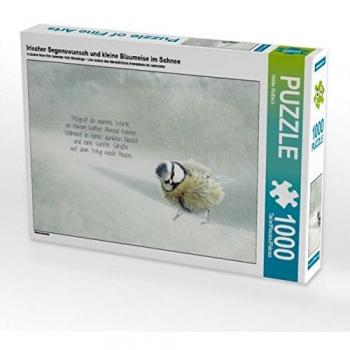 CALVENDO Puzzle Irischer Segenswunsch und kleine Blaumeise im Schnee 1000 Teile Lege-Größe 64 x 48 cm