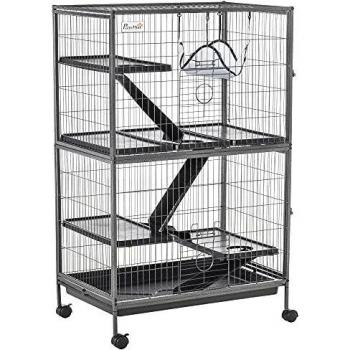 Jaula de 4 Niveles para Roedores PawHut 80x52x128 cm con Rampas y Hamaca Colgante Bandeja Extraíble Ruedas Puertas Gris Plateado