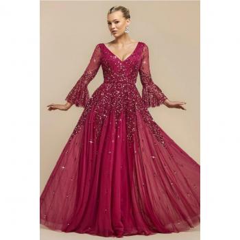Sunray Hand Embellished Sequin A-Line Bell Sleeve Maxi Dress – Wine